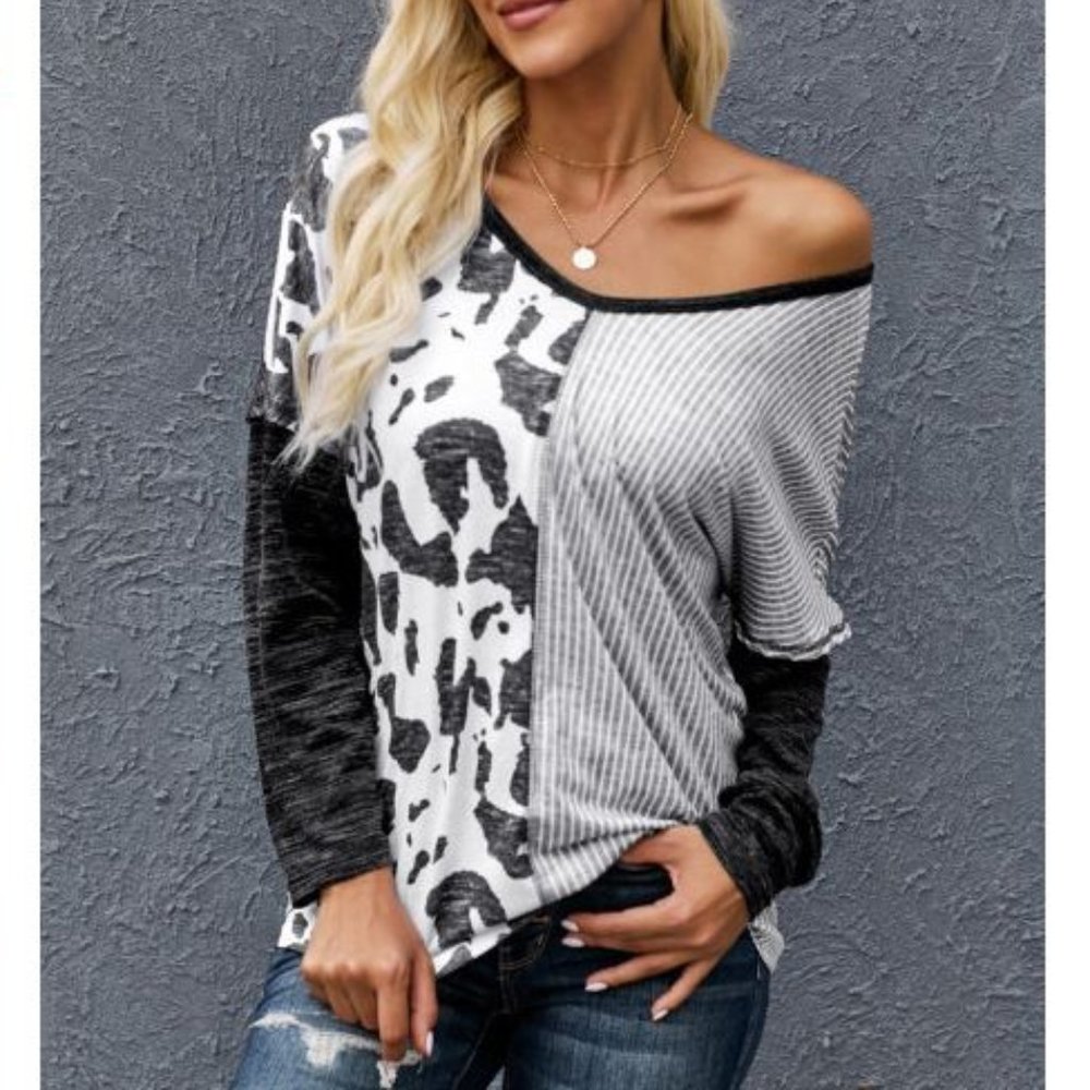 Grey Spot Print Color Block Blouse